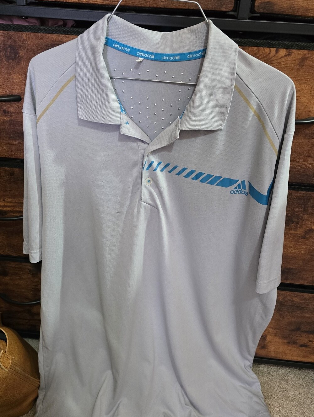 adidas Men’s Light Gray Polo with Blue and Gold Accents